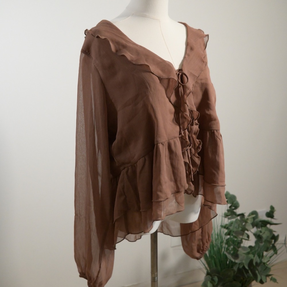 Autres Filles Brown Ruffle V-Neck Tie Front Chiffon Peplum Blouse XL